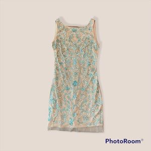 Aidan Mattox beige and turquoise dress